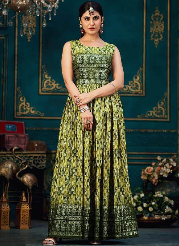 Green Printed Traditional Anarkali Gown