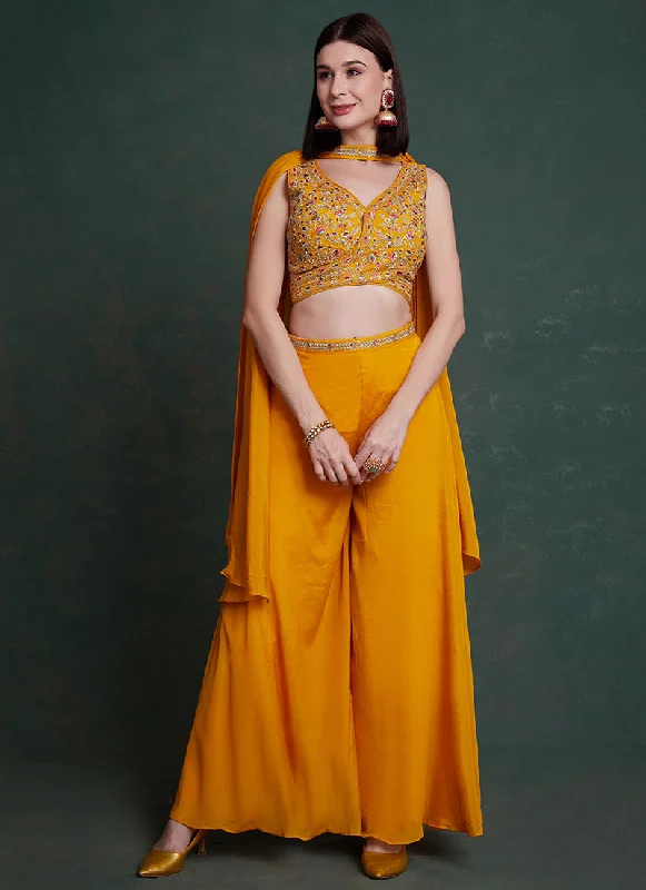 Yellow Multi Handwork Embroidery Designer Co-Ord Palazzo Set