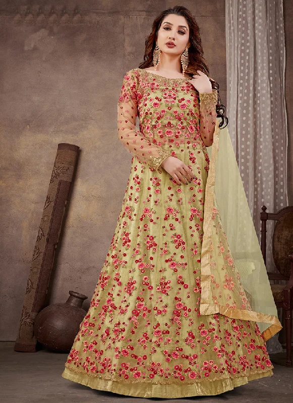 Light Green Multi Embroidery Wedding Anarkali Lehenga