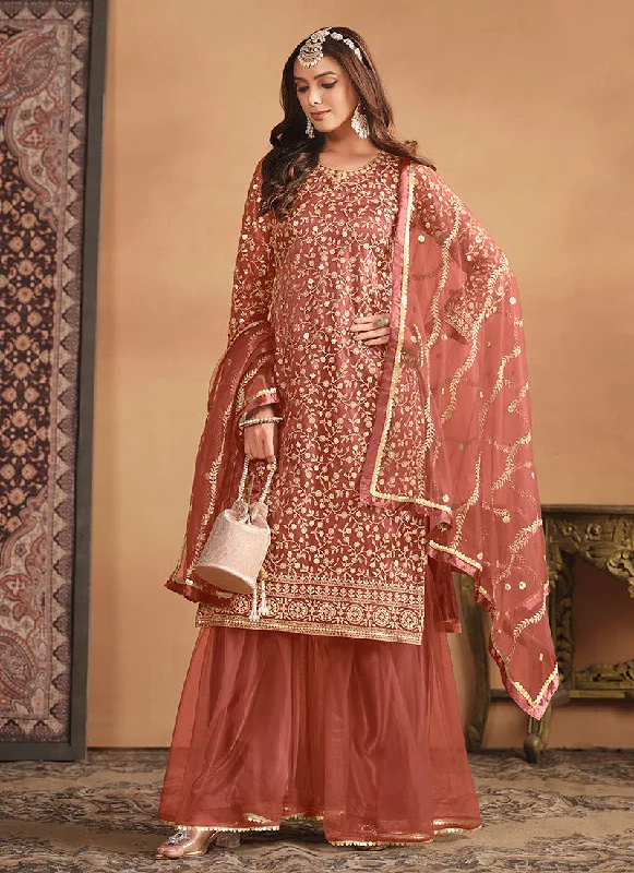 Peach Embroidery Net Gharara Suit