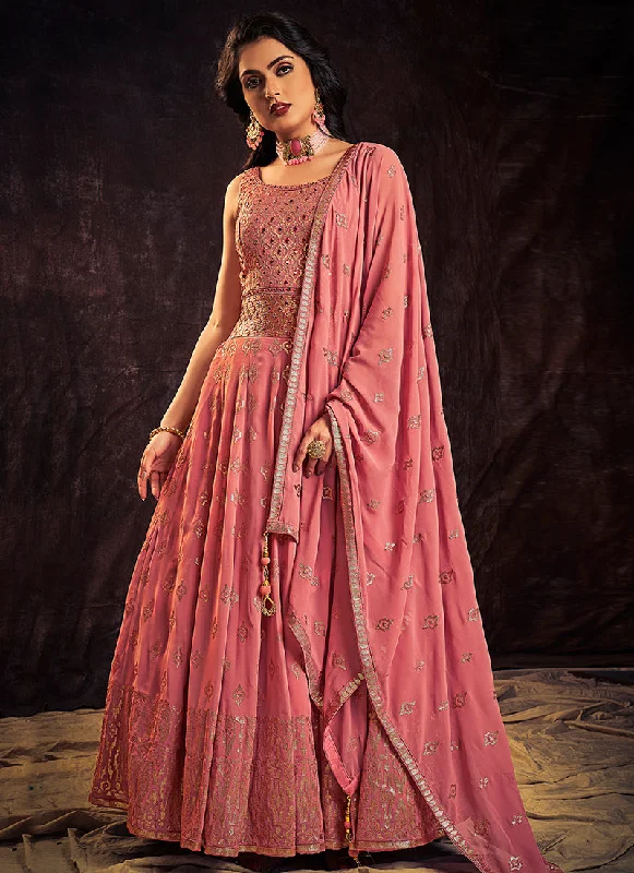 Rich Pink Mirror Work Embroidery Anarkali Gown