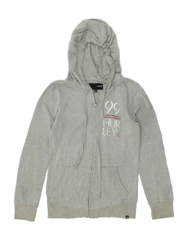 HURLEY Womens Graphic Zip Hoodie Sweater UK 10 Small Grey Cotton