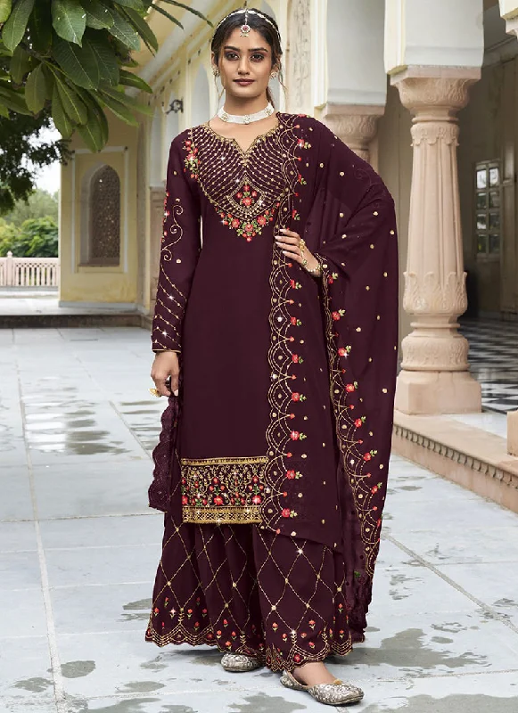 Deep Wine Handwork Embroidery Sharara Palazzo Suit