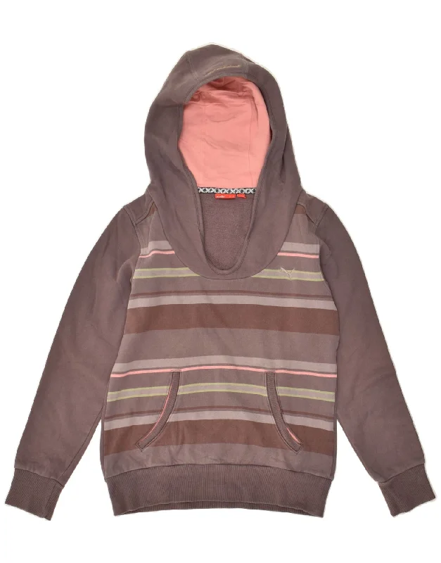 PUMA Womens Hoodie Jumper UK 12 Medium  Brown Striped Cotton