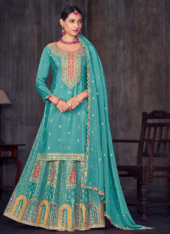 Turquoise Multi Embroidery Wedding Lehenga Kurti And Dupatta