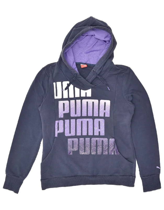 PUMA Womens Graphic Hoodie Jumper UK 14 Large Navy Blue Cotton