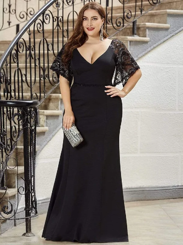 Elegant Plus Size V Neck Fishtail Evening Dress for Women