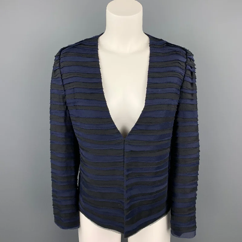 DKNY Size S Black & Blue Textured Silk Hook & Eye Jacket