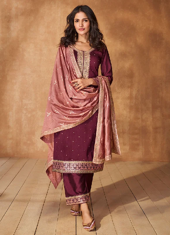 Deep Wine Sequence Embroidery Wedding Pant Style Suit