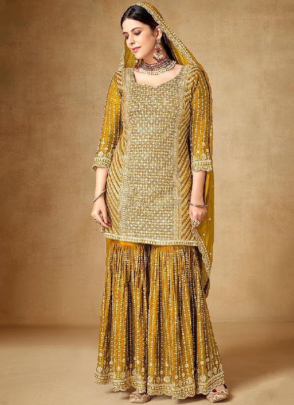 Mustard Yellow Sequence And Zari Embroidery Gharara Suit