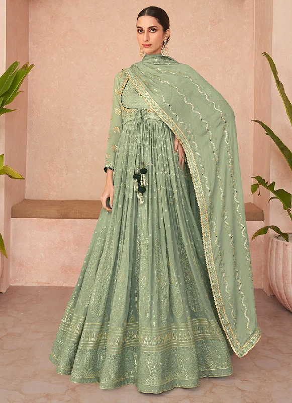 Green Lucknowi Embroidery Designer Wedding Anarkali Suit