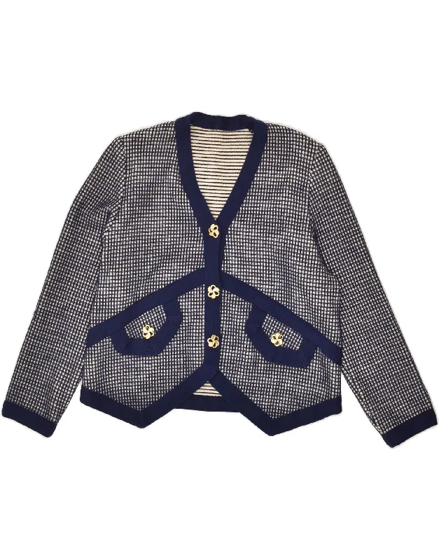 VINTAGE Womens Asymmetric Cardigan Sweater UK 16 Large Navy Blue Check