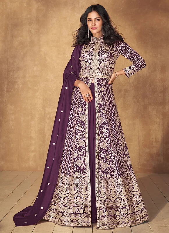 Plum Purple Thread Embroidery Slit Style Anarkali Lehenga Suit