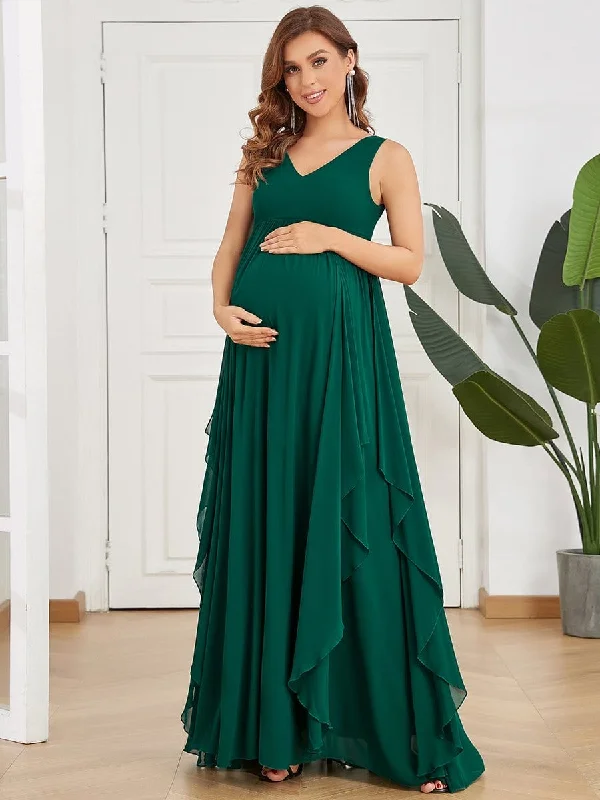 Deep V-Neck Sleeveless Pleated A-Line Maternity Dress