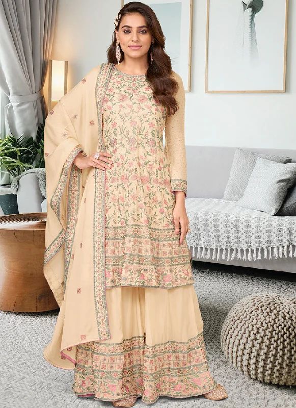 Beige Cream Multi Embroidery Traditional Gharara Suit