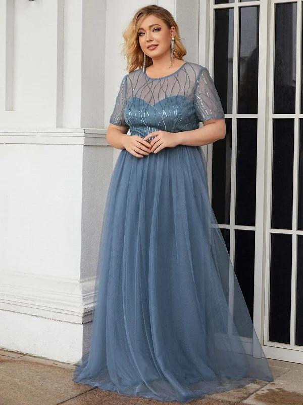 Plus Size Sequin Maxi Tulle Mother of the Bride Dress with Sleeves