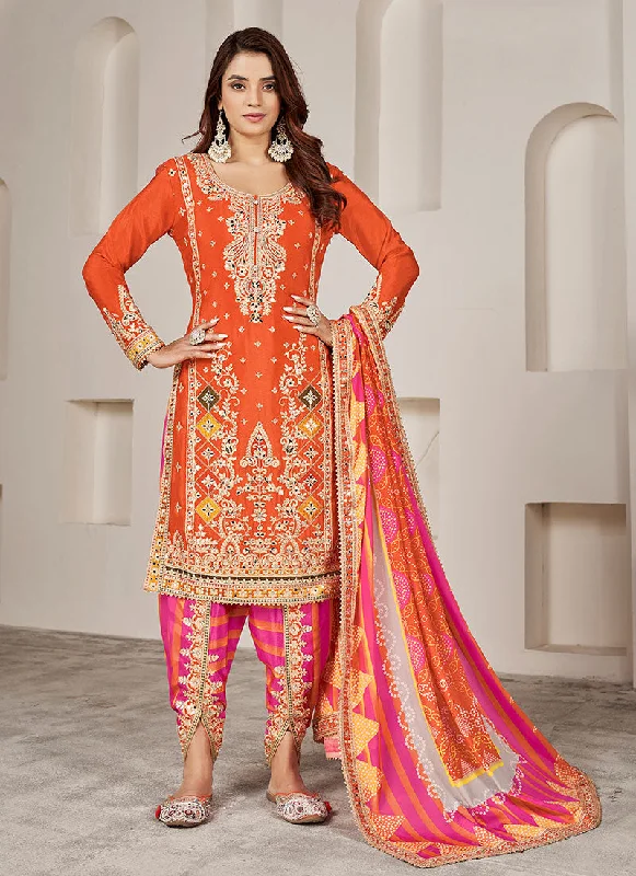 Orange Multi Embroidered Kurti And Dhoti Style Pant Suit