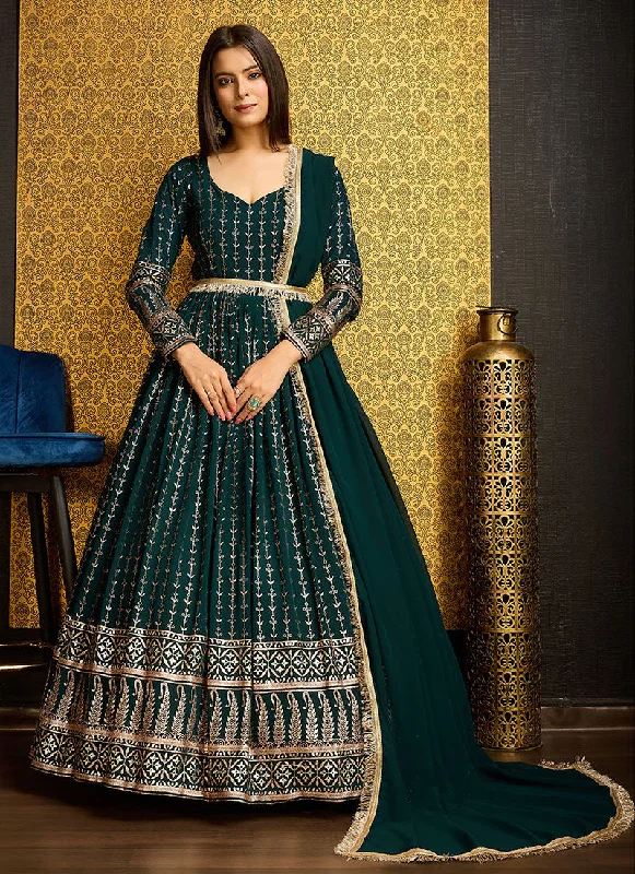 Green Golden Foil Printed Anarkali Gown With Dupatta