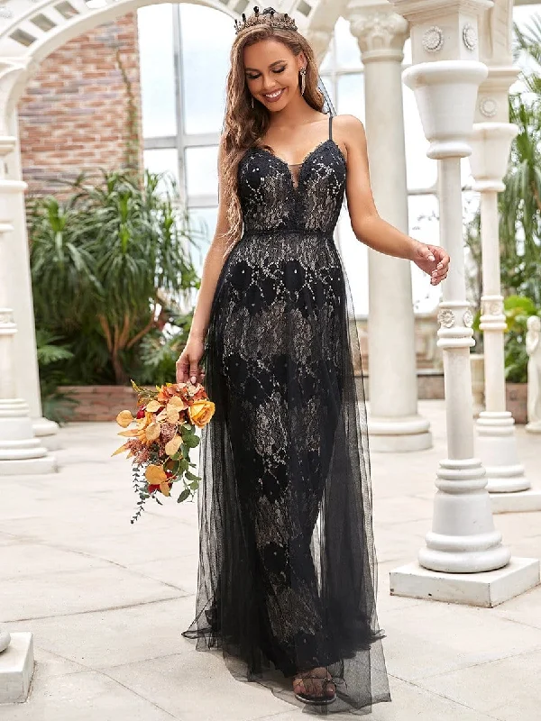 A-Line Black Lace Double-Layer Spaghetti Strap Wedding Dresses