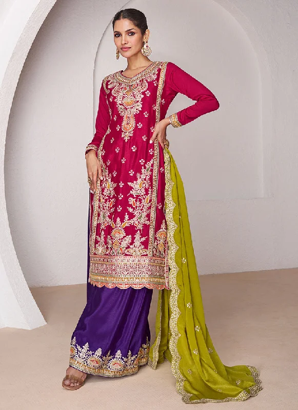 Red And Purple Embroidered Wedding Palazzo Suit