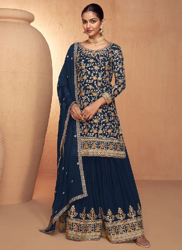 Blue Multi Embroidery Gharara Style Palazzo Suit