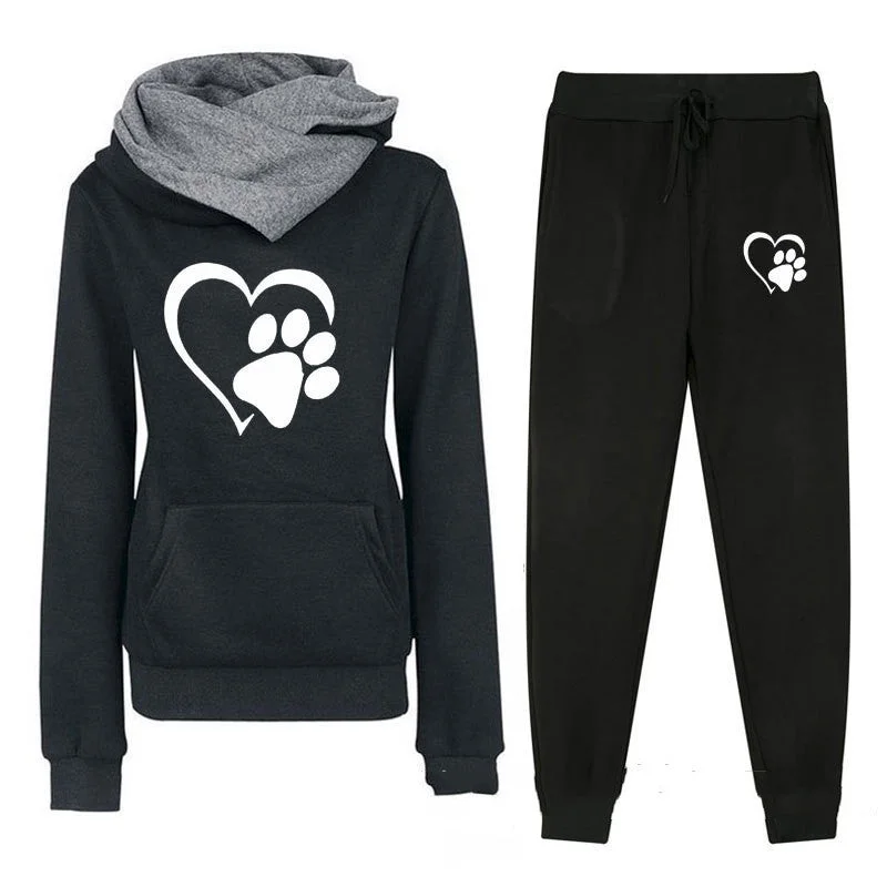 Fashion Dog Cat Heart Printing Fleece Casual Women's Suit