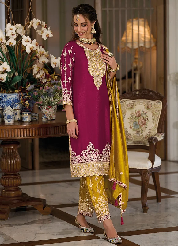 Wine And Yellow Designer Embroidery Salwar Kameez