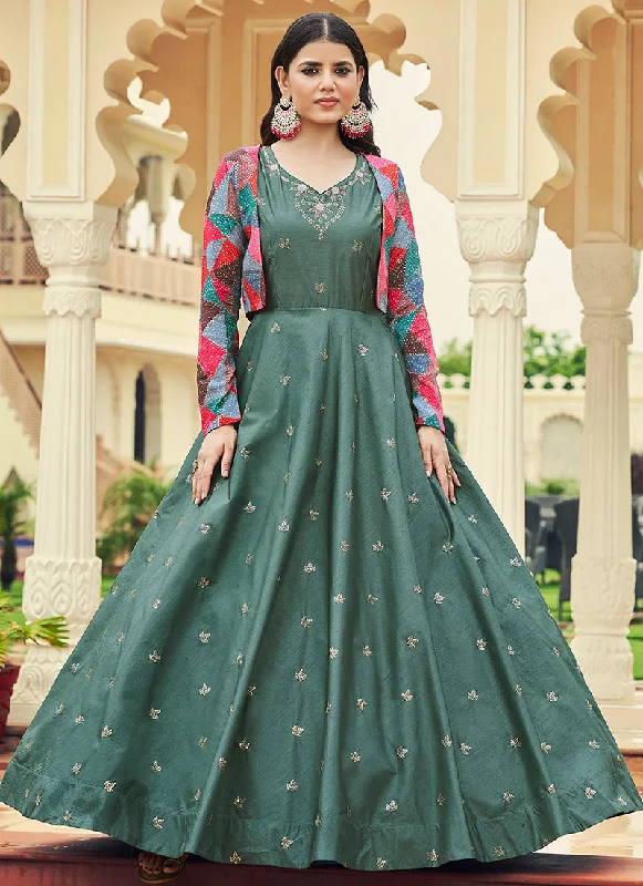 Dusty Green Sequence Embroidered Anarkali Gown With Jacket