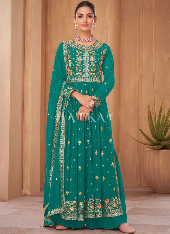 Sea Green Georgette Embroidered Wedding Palazzo Suit