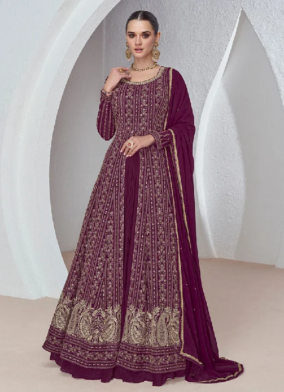 Maroon Golden Sequence Embroidery Slit Style Anarkali Lehenga