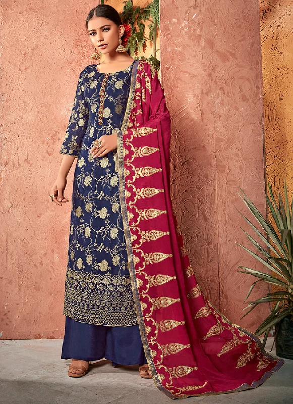 Blue And Red Traditional Sequence Embroidery Palazzo Suit