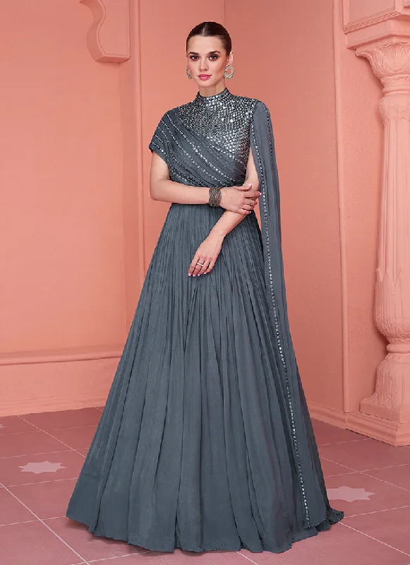 Grey Mirror Work Embroidery Saree Style Anarkali Gown