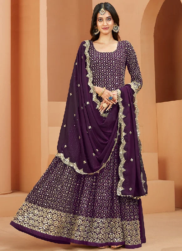 Purple Mirror Work Embroidery Wedding Anarkali Suit