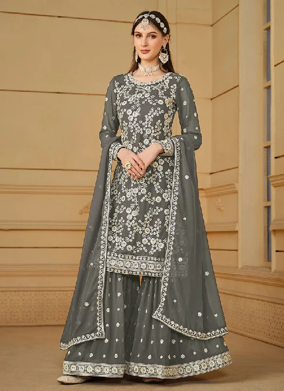 Grey Thread And Sequence Embroidery Gharara Suit