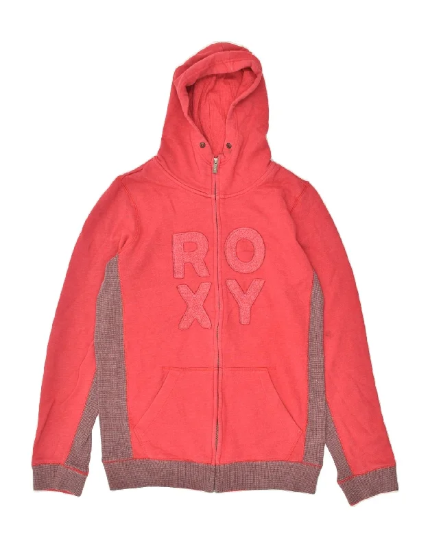 ROXY Womens Graphic Zip Hoodie Sweater UK 14 Large Red Colourblock Cotton