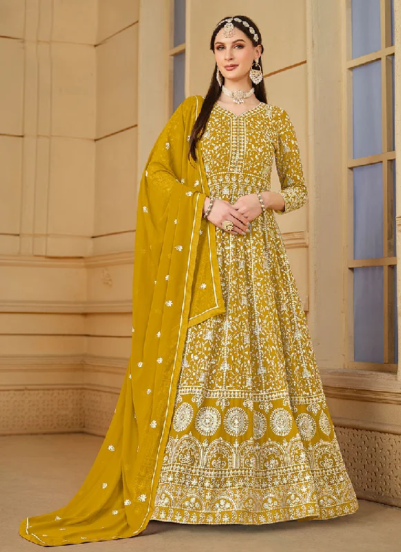 Yellow Thread Embroidery Georgette Anarkali Suit