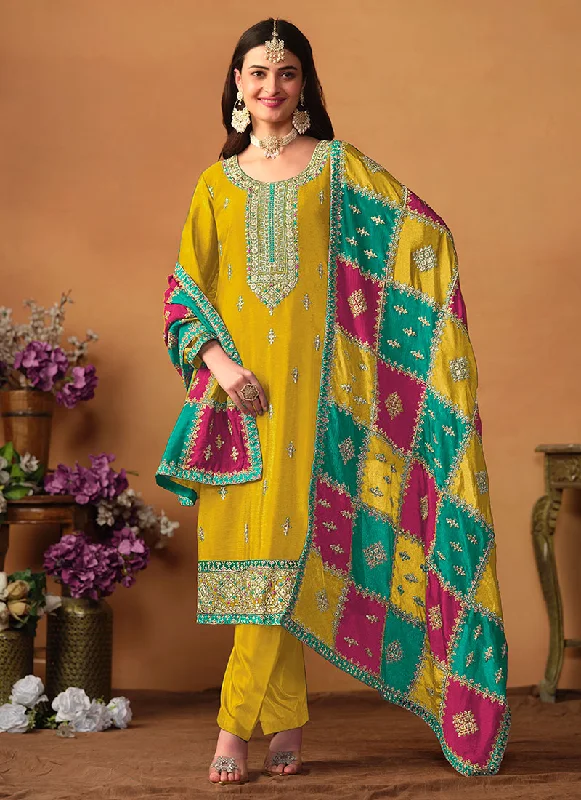 Yellow Multi Embroidery Traditional Pant Suit