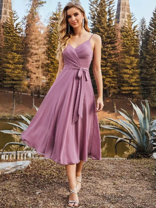 Spaghetti Strap V Neck Belted Chiffon Bridesmaid Dress