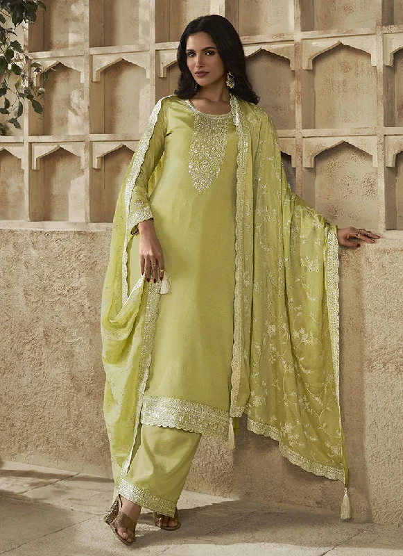 Neon Yellow Thread And Sequence Embroidery Pant Suit