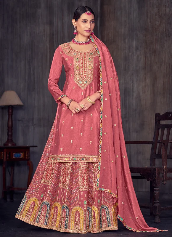 Peach Multi Embroidery Wedding Lehenga Kurti And Dupatta