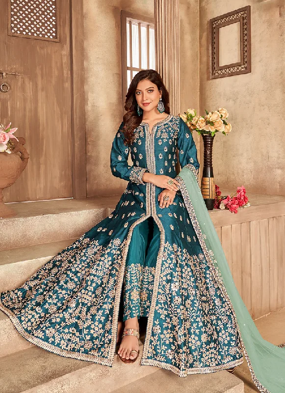 Turquoise Embroidery Slit Style Anarkali Pant Suit