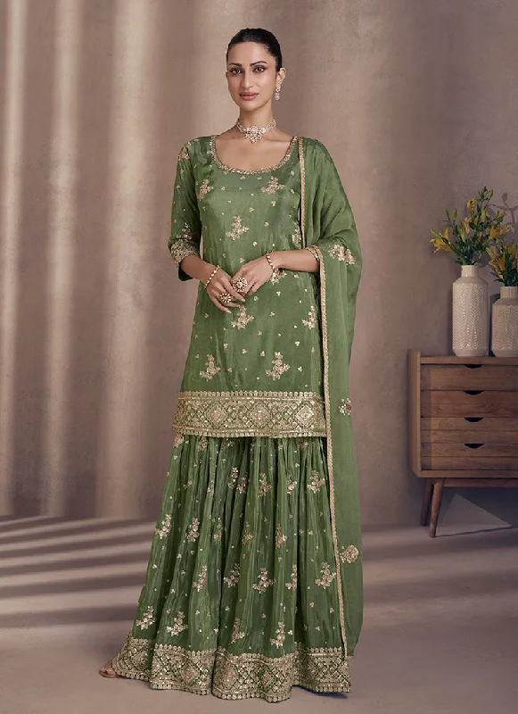 Leaf Green All Over Sequence Embroidery Designer Sharara Suit