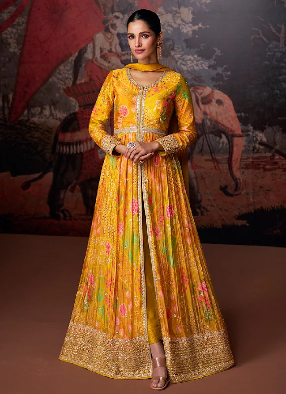 Yellow Sequence Embroidery Digital Printed Slit Style Anarkali Suit