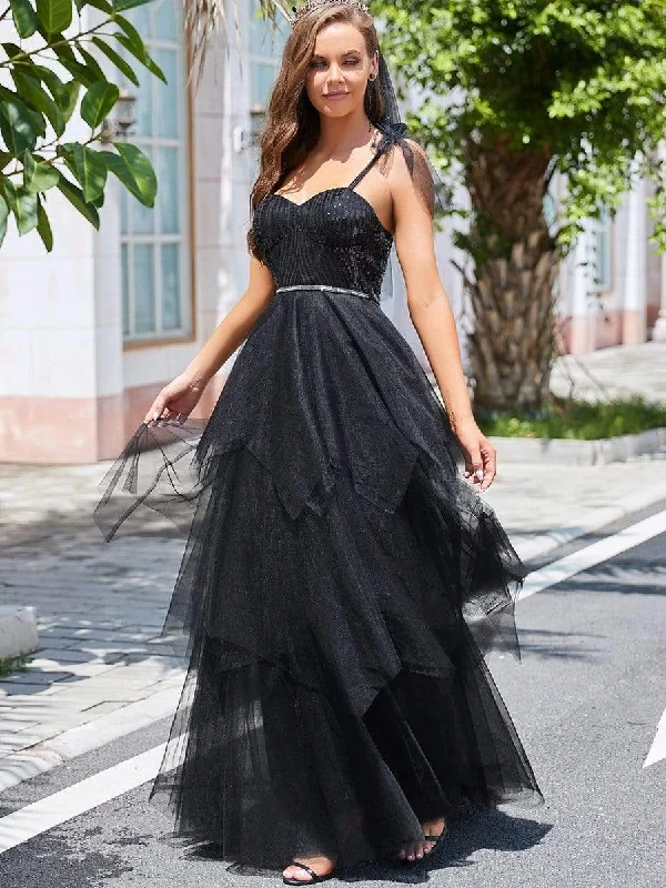 Spaghetti Strap Sequin Layered Gothic Wedding Dress