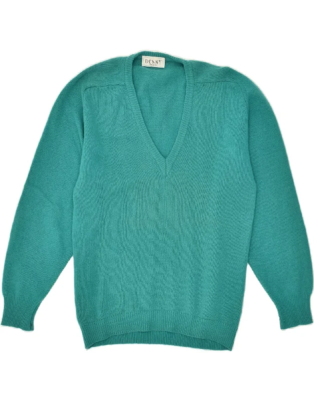 VINTAGE Womens V-Neck Jumper Sweater UK 14 Large Turquoise Virgin Wool