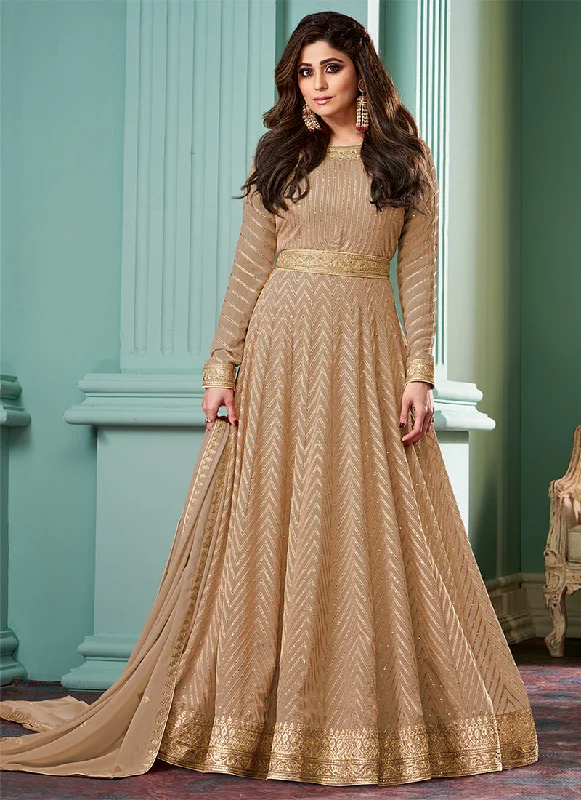 Beige Golden Embroidered Anarkali Dress For Wedding