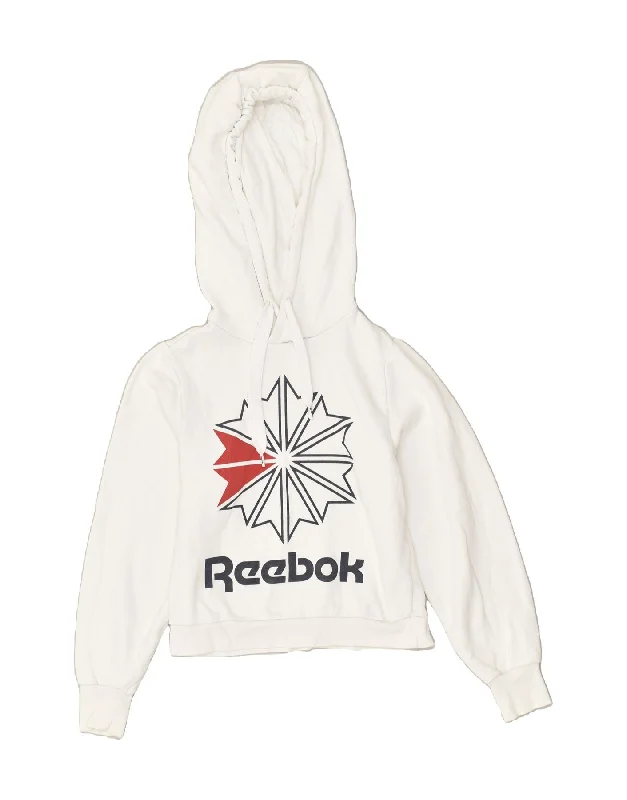 REEBOK Womens Graphic Hoodie Jumper UK 4- 6 XS White Cotton