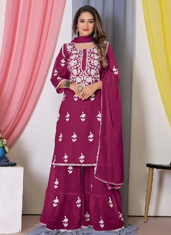 Magenta Lucknowi Thread Embroidery Palazzo Suit