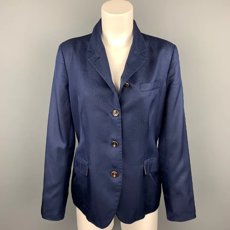 LUCIANO BARBERA Size 12 Navy Silk Notch Lapel Cropped Blazer