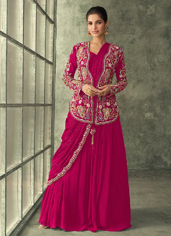 Hot Pink Multi Embroidery Saree Gown With Jacket